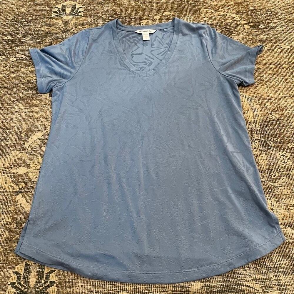 Athleta Blue Floral Burnout V-Neck Athletic Tee Top Womens Size L Short Sleeve